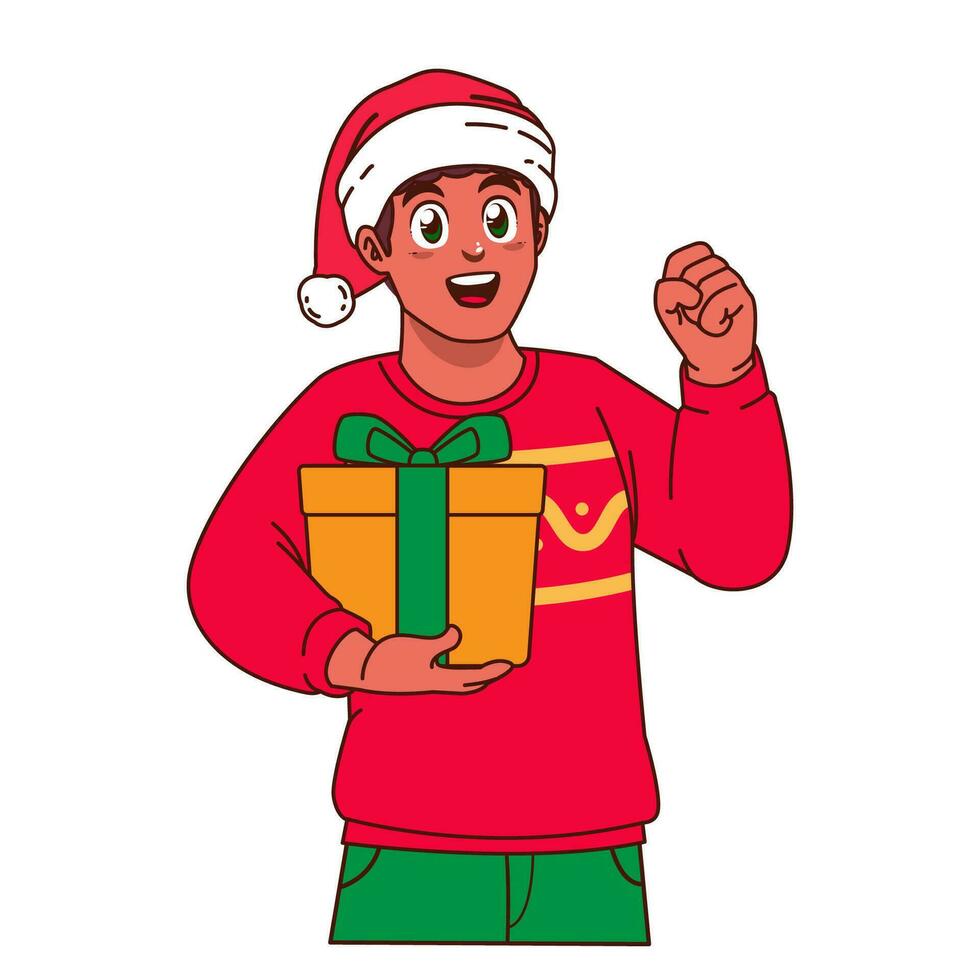 zwart Mens in Kerstmis trui en de kerstman hoed Holding een geschenk doos vector