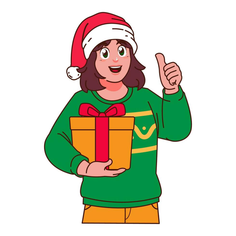 vrouw in Kerstmis trui en de kerstman hoed Holding een geschenk doos vector