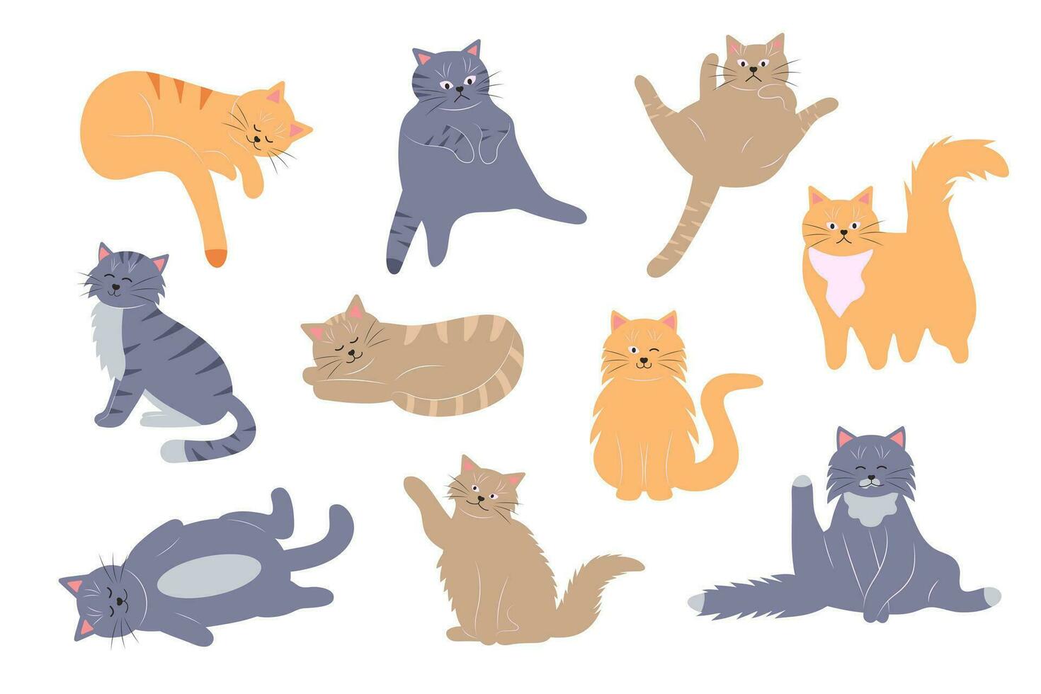 dik grappig katten set. tekenfilm kat tekens in verschillend poseert. schattig huisdier verzameling. vector