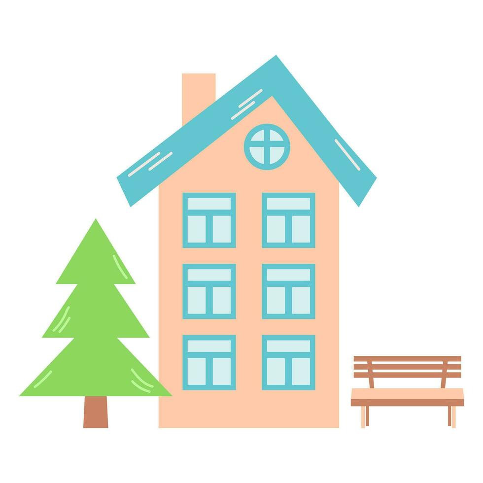zoet pastel huis met Spar boom en bank. schattig tekenfilm poppenhuis. hand- getrokken vector illustratie geïsoleerd Aan wit achtergrond.