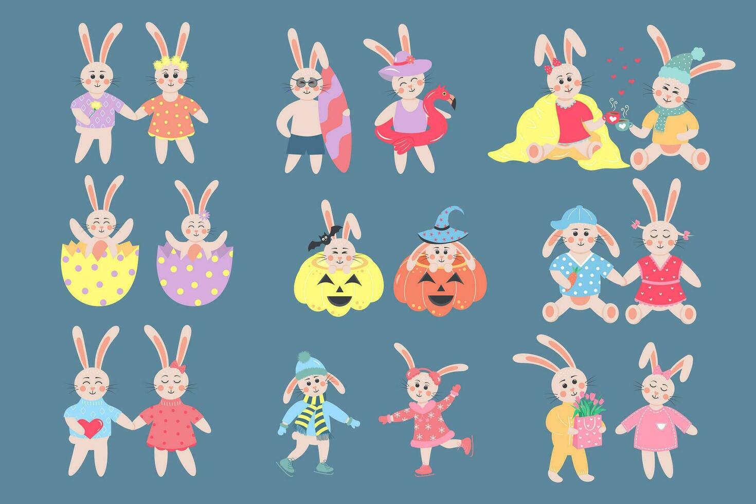 reeks van schattig paar van konijnen. grappig jongen en meisje konijn in verschillend poses en kleren. tekenfilm Woud tekens verzameling. kleurrijk vector illustratie in vlak tekenfilm stijl.