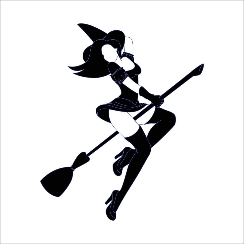 halloween thema karakter silhouet - heks met bezem hand getekende silhouet, silhouet van evel vrouw met bezem. halloween isilhouette op geïsoleerde achtergrond. vector
