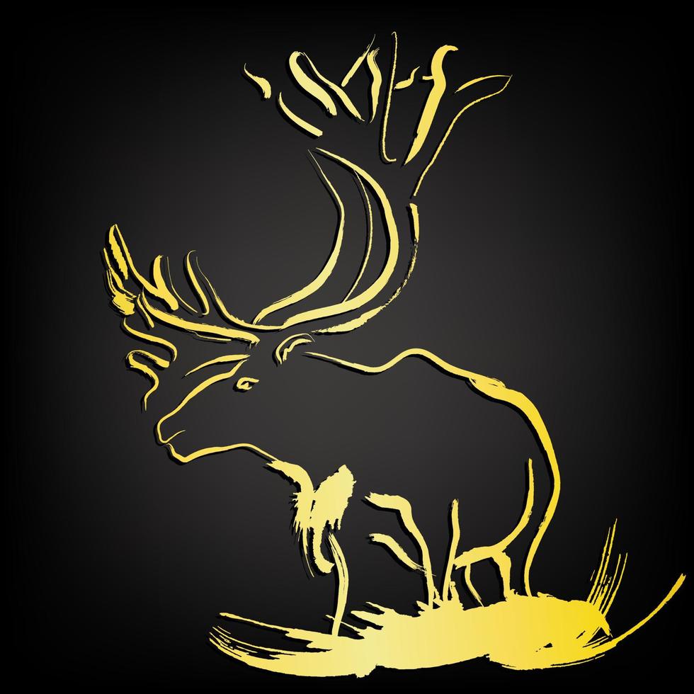 elanden, elanden herten wildlife stencils, gouden penseelstreek op zwarte achtergrond vector