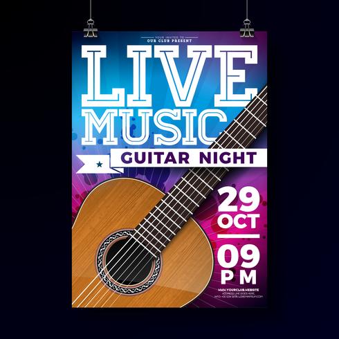 Live muziek flyer ontwerp met akoestische gitaar op grunge achtergrond. Vectorillustratiemalplaatje voor uitnodigingsaffiche, promotiebanner, brochure, of groetkaart. vector
