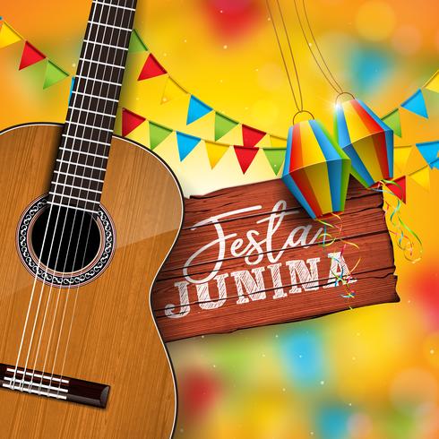 Festa Junina-illustratie met Akoestische Gitaar, Partijvlaggen en Document Lantaarn op Gele Achtergrond. Typografie op Vintage houten tafel. Vector Brazilië juni Festival ontwerp