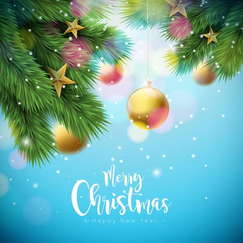Vector Merry Christmas-illustratie met Sierballen en Pijnboomtak op Glanzende Blauwe Achtergrond. Gelukkig Nieuwjaar typografie ontwerp voor wenskaart, Poster, Banner.
