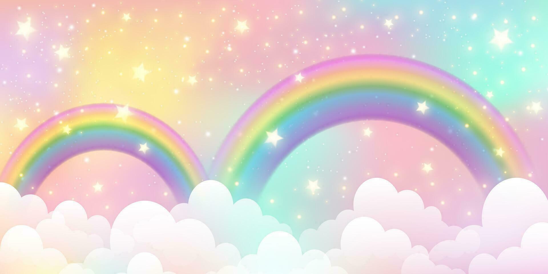 regenboog eenhoorn achtergrond. fantasie bewolkt roze lucht. schattig pastel vector tafereel met snoep kleuren. magie prinses landschap met fee sterren en schitteren.