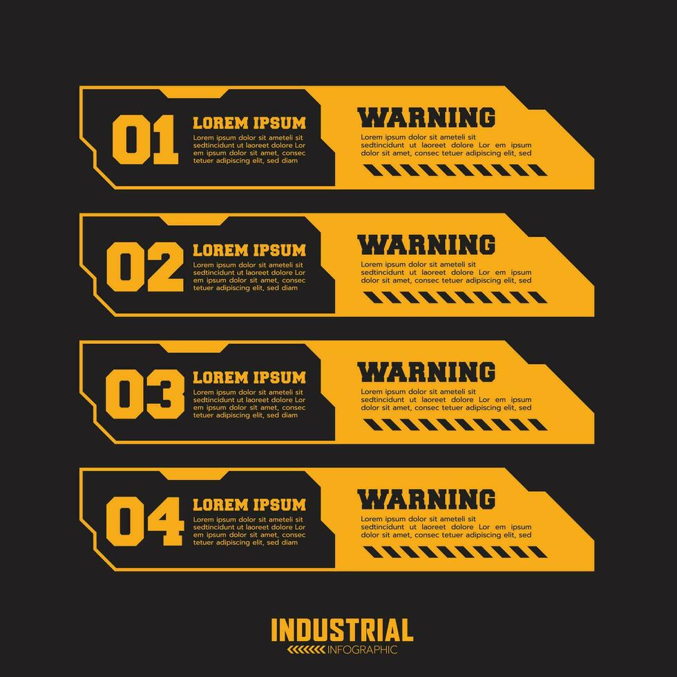 industrieel infographic sjabloon met 4 opties of stappen, waarschuwing etiket teken, lager derde banier, meetkundig sterk vormen. vector