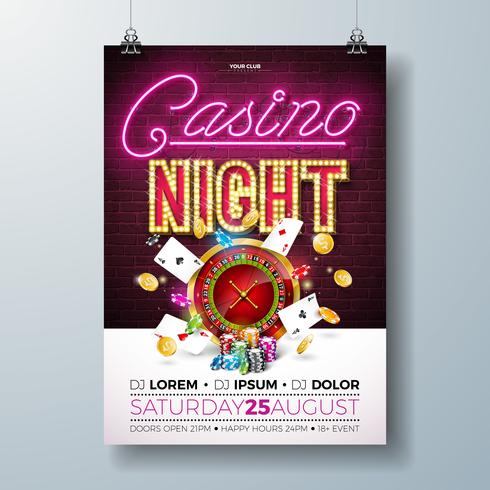 Vector Casino nacht flyer illustratie met gokken ontwerpelementen en glanzende neonlicht belettering op bakstenen muur achtergrond. Verlichting uithangbord, roulettewiel