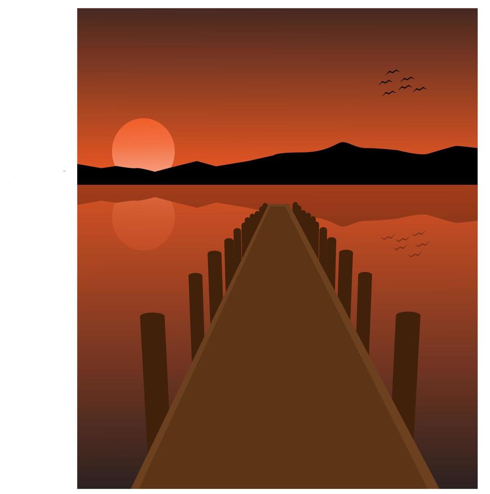 illustratie vectorafbeelding van weergave met zonsondergang aan de rivier. houten brug over rivierwater en bergen vector