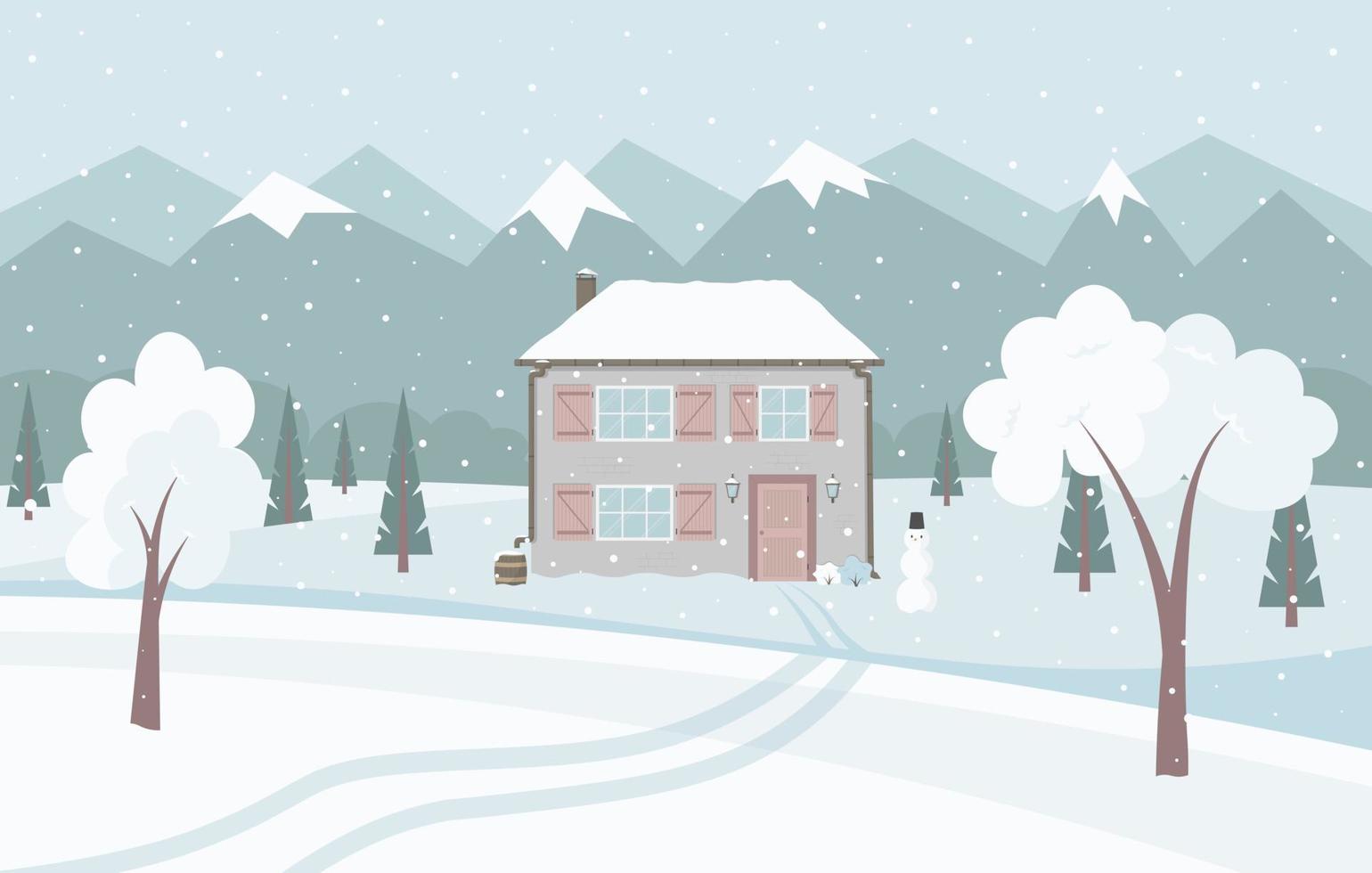 wit besneeuwd winterlandschap met schattig landhuis, bergen, sparren en sneeuwpop. vector