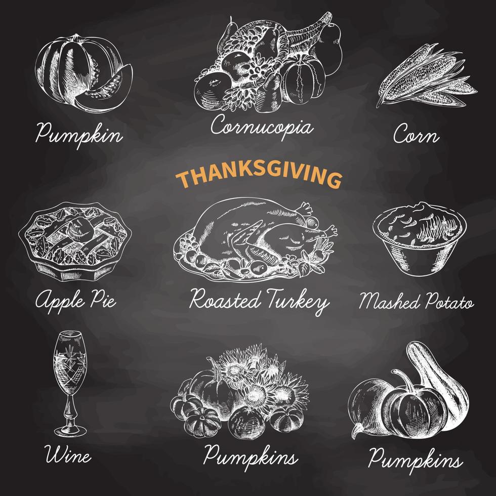 vector handgetekende schets thanksgiving eten set. schetsen. schoolbord. restaurant menu. retro afbeelding.