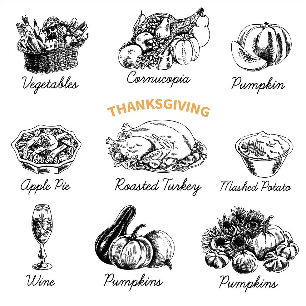 vector handgetekende schets thanksgiving eten set. schetsen. restaurant menu. retro afbeelding.