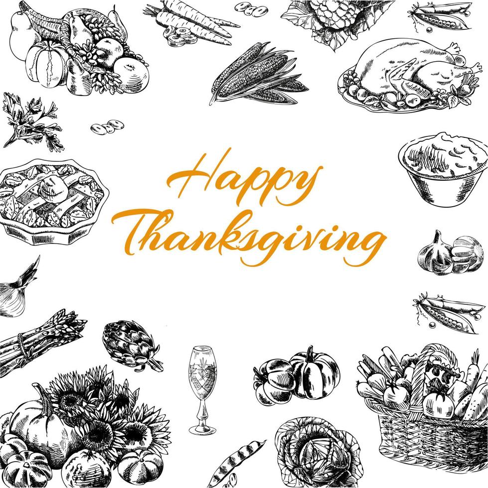 vector handgetekende thanksgiving illustratie. vintage-stijl. retro-voedselmenu. vintage schets.