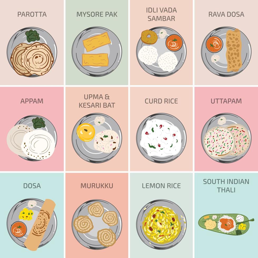 Zuid-Indiase hapjes. dosa uttapam appam wrongel rijst upma thaali sambar vector