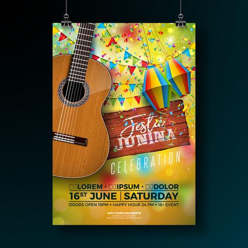 Festa Junina Party Flyer Illustratie met typografieontwerp op Vintage houten bord en akoestische gitaar. Vlaggen en papieren lantaarn op gele achtergrond. Vector Brazilië juni Festival ontwerp