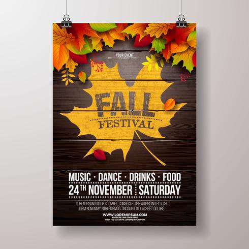 Autumn Party Flyer Illustration met vallende bladeren en typografie ontwerp op vintage houten achtergrond. Vector herfst herfst Festival ontwerp voor uitnodiging of vakantie viering Poster.