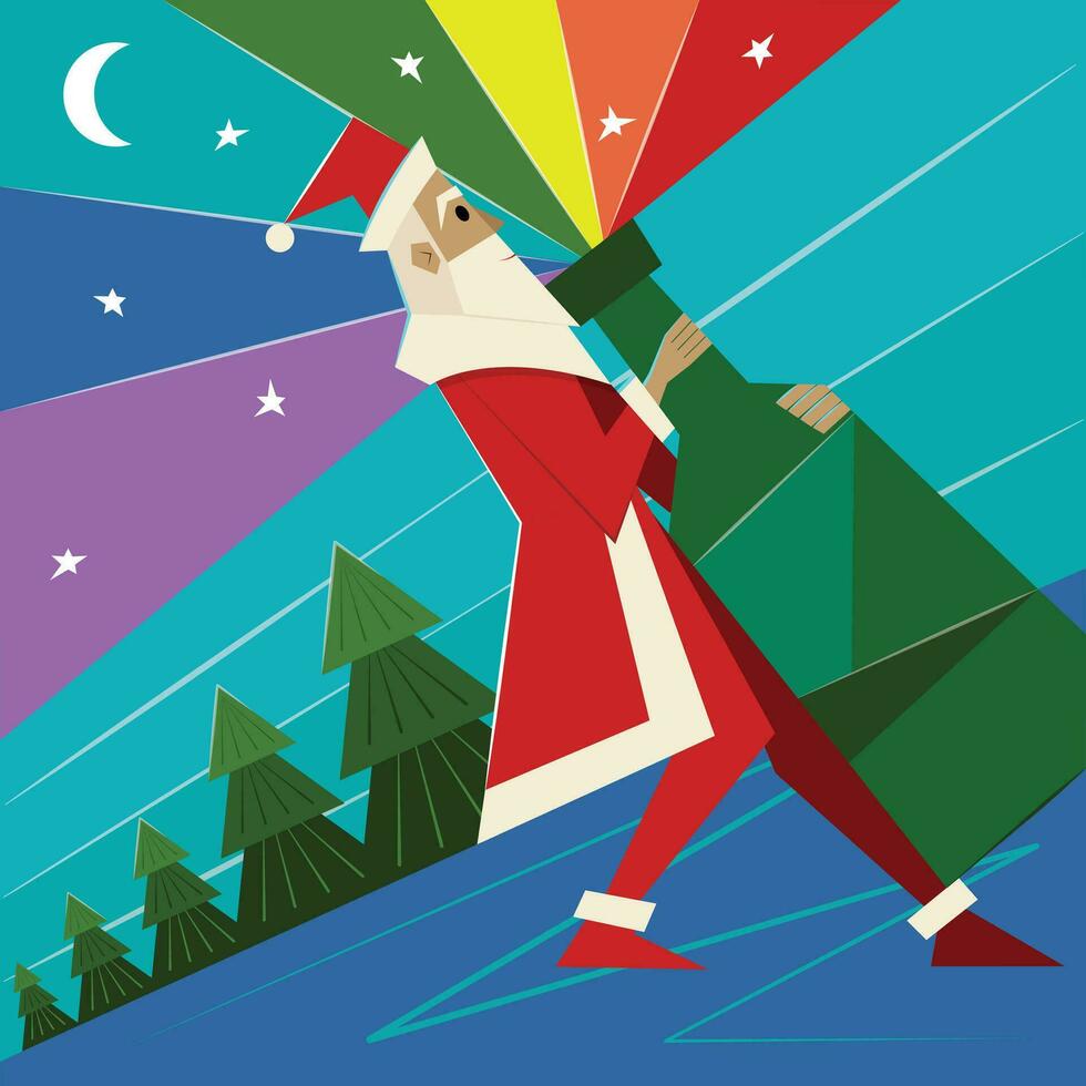 nieuw jaar of Kerstmis lgbt groet kaart. de kerstman claus draagt een fles van Champagne met regenboog hagelslag Bij nacht. vakantie kleurrijk poster. vector