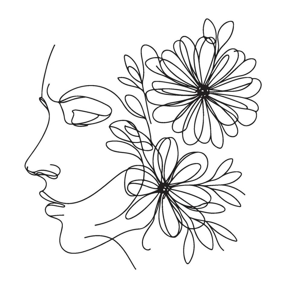 minimalistisch surrealistische lijn kunst van een vrouw met bloemen vector