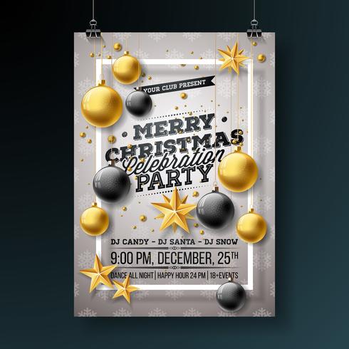 Merry Christmas Party Flyer Design met vakantie typografie elementen en decoratieve ballen, knipsel Paper Star, Pine Branch op lichte achtergrond. Premium Vector viering Poster illustratie.