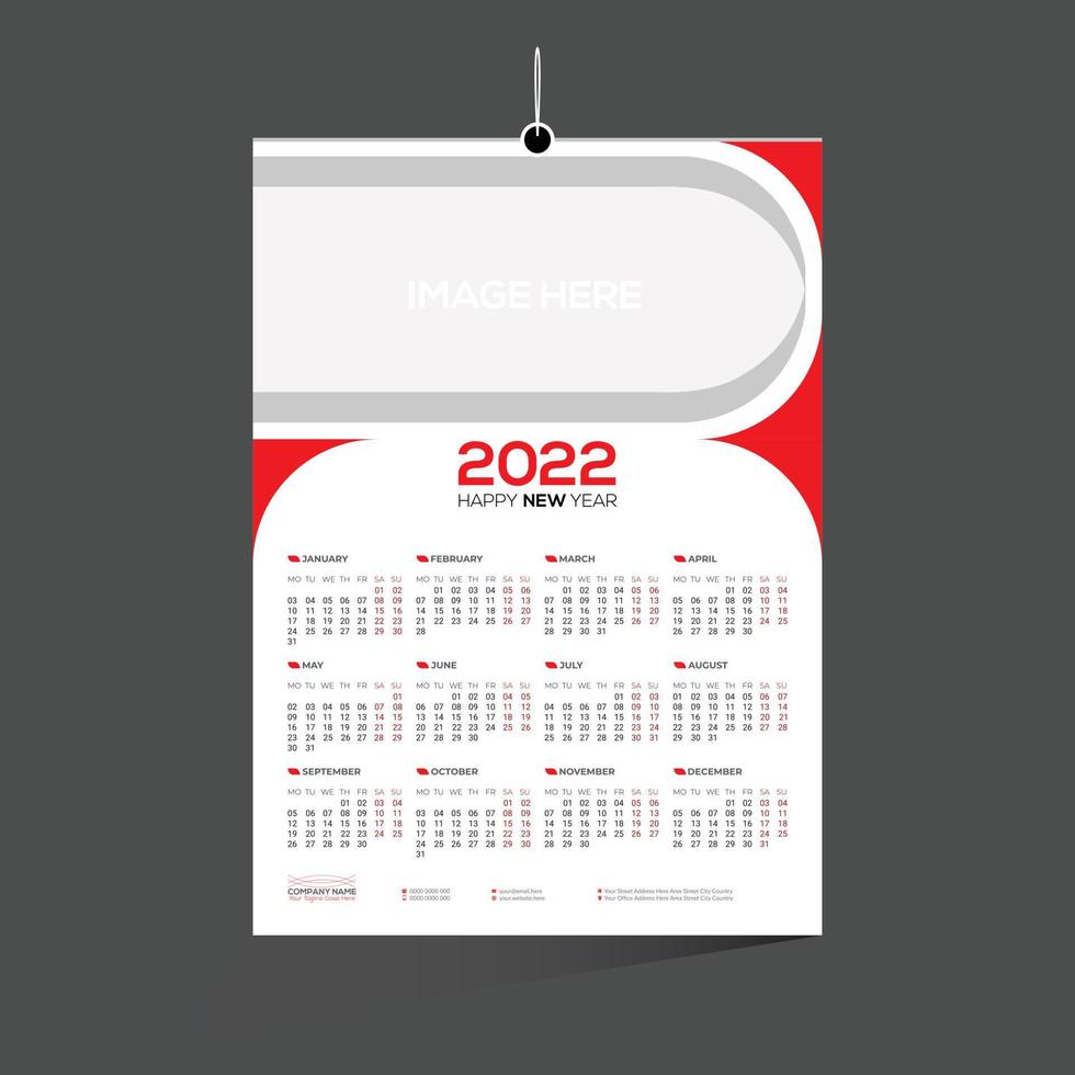 rood gekleurde 12 maanden muur vector kalender 2022 ontwerp