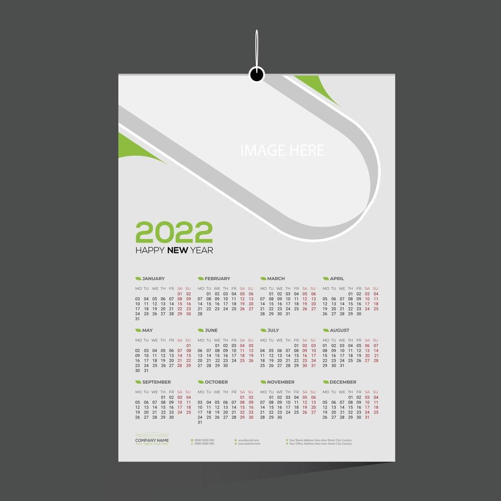 groen gekleurde 12 maanden muur vector kalender 2022 ontwerp