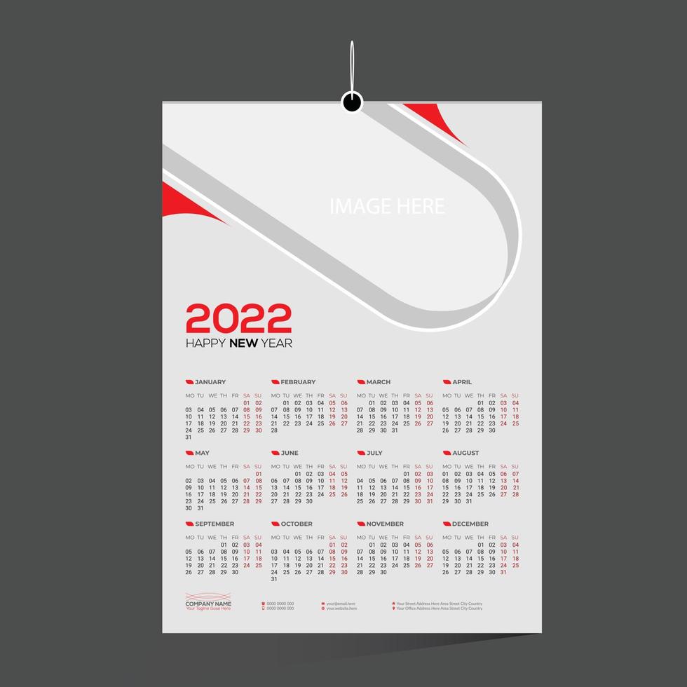 rood gekleurde 12 maanden muur vector kalender 2022 ontwerp