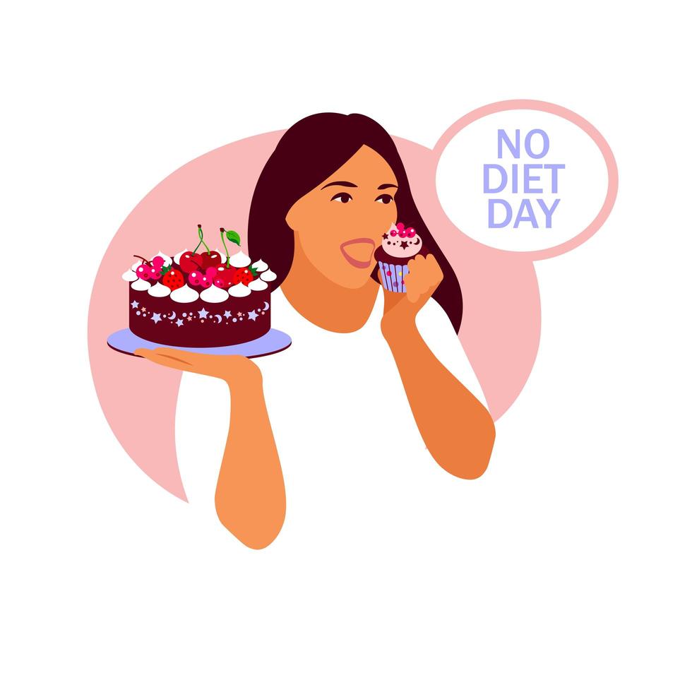 geen dieetdag. een vrouw houdt een bord cupcake in haar handen. internationale geen dieetdagillustratie. vector. vector