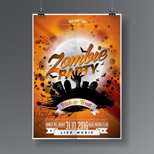 Vector Halloween Zombie Party Flyer Design met typografische elementen op oranje achtergrond.