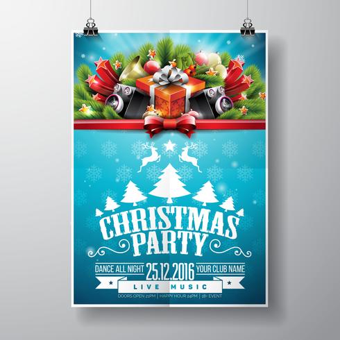 Vector Merry Christmas Party-ontwerp met vakantie typografie elementen en luidsprekers op glanzende achtergrond.