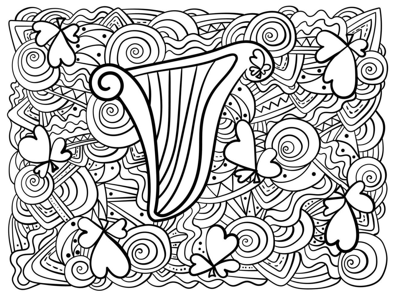 meditatief horizontaal kleur bladzijde met harp Klaver klavers en overladen patronen voor feestelijk werkzaamheid vector