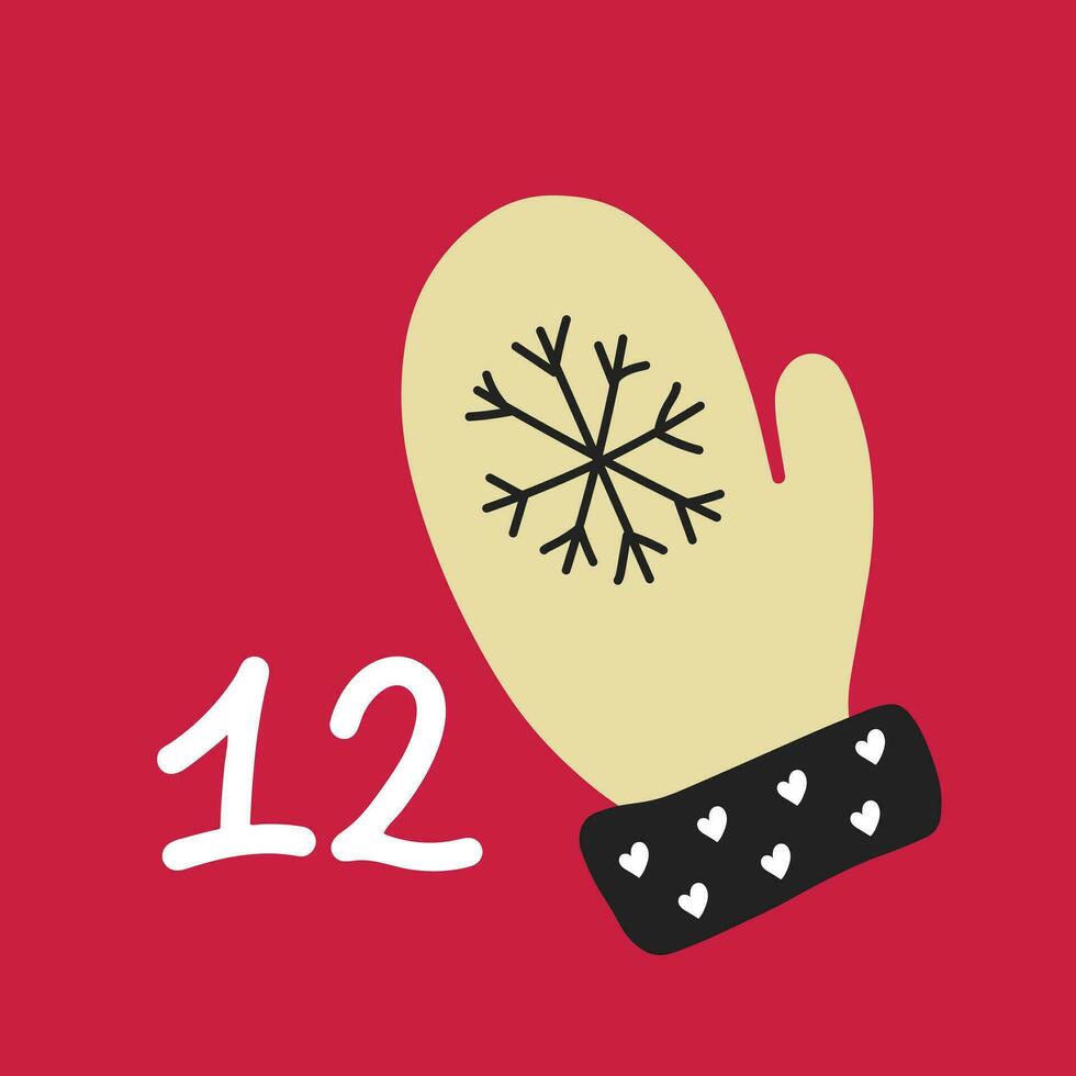 Kerstmis komst kalender in de stijl van minimalisme, vlak leggen. dag 12 met gouden vuisthandschoen Aan roze achtergrond vector