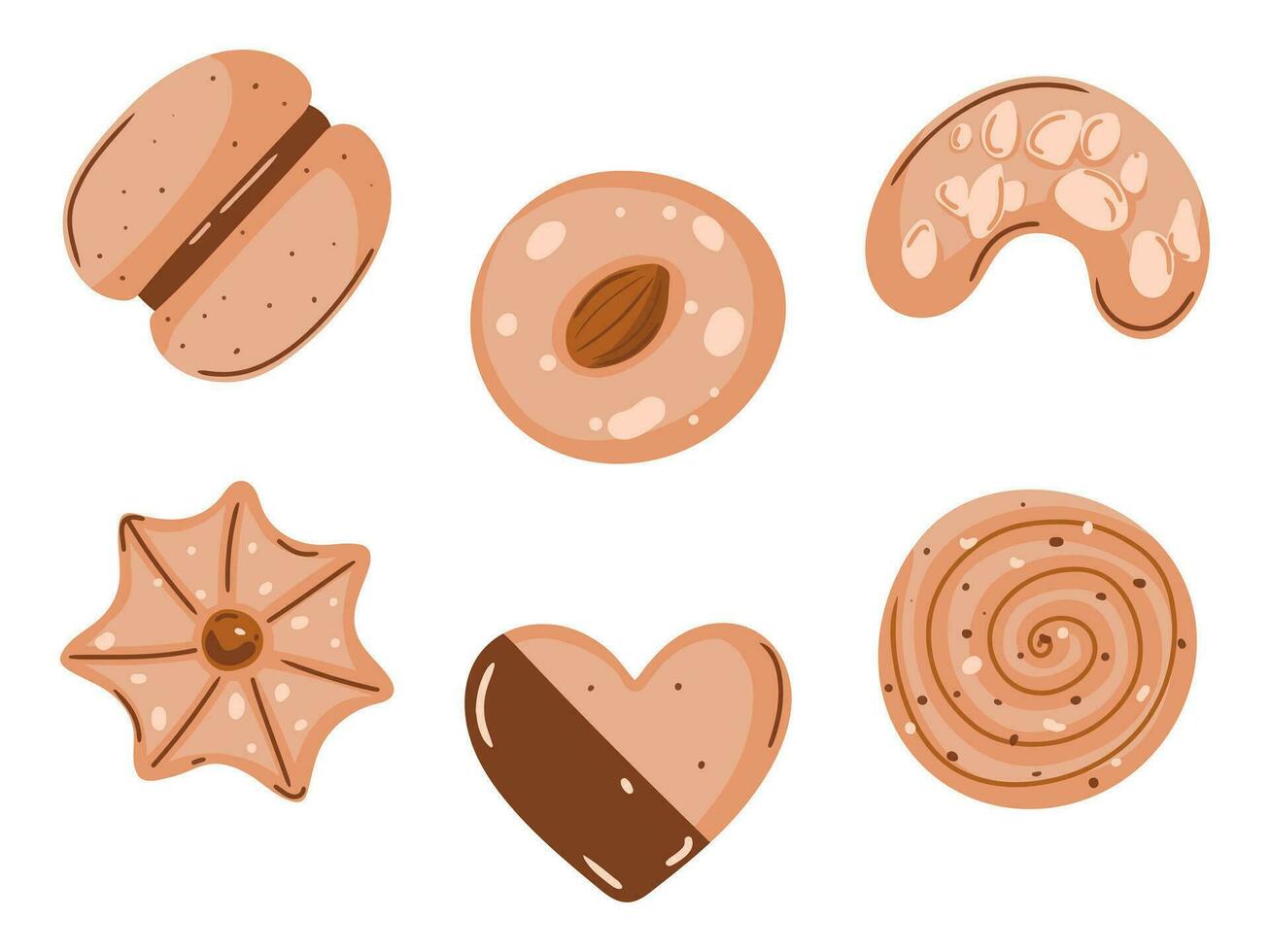 reeks van koekjes in tekenfilm stijl en minimalisme. koekjes met amandelen, bitterkoekjes, hartvormig koekjes, koekjes met chocola vector