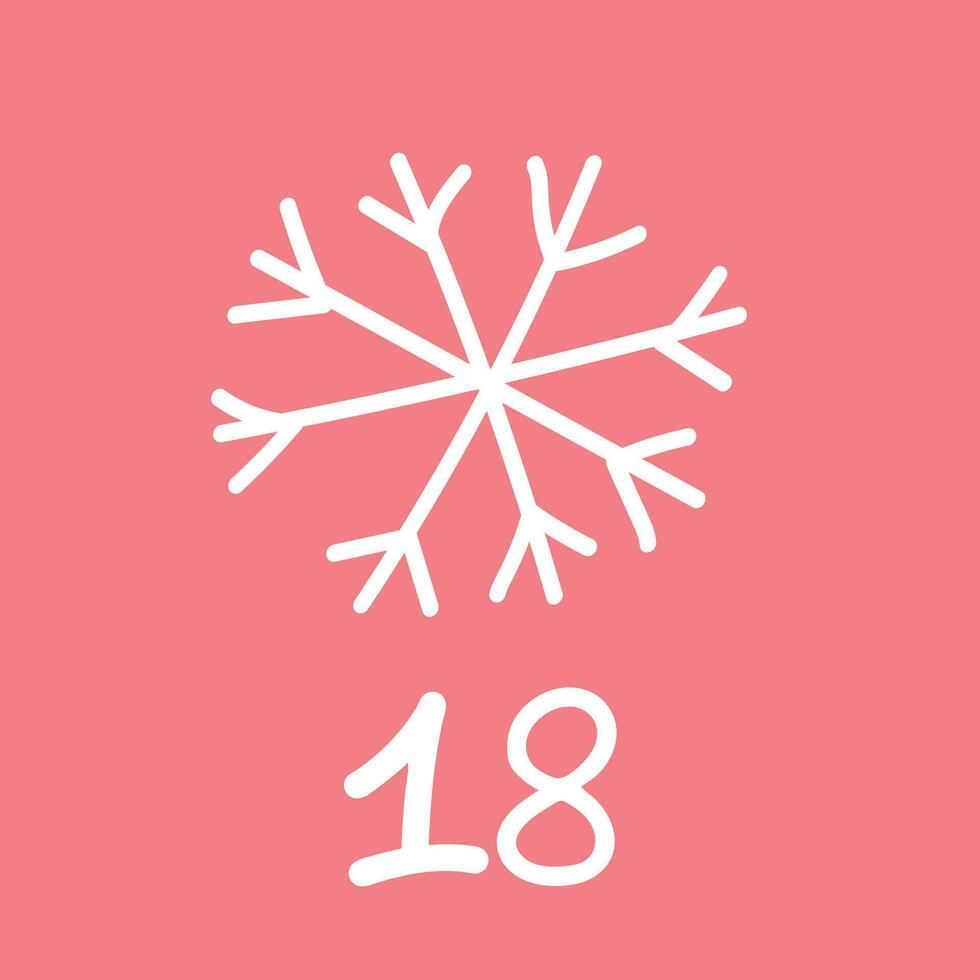 Kerstmis komst kalender in de stijl van minimalisme, vlak leggen. dag 18 met een wit sneeuwvlok Aan een roze achtergrond vector