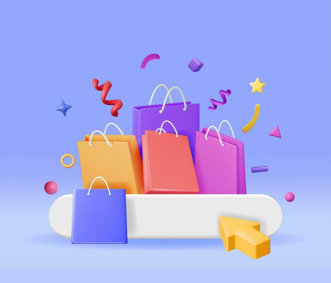 3d boodschappen doen zak reeks geïsoleerd. geven verzameling realistisch geschenk tas. uitverkoop, korting of opruiming concept. online of kleinhandel boodschappen doen symbool. mode handtas. vector illustratie