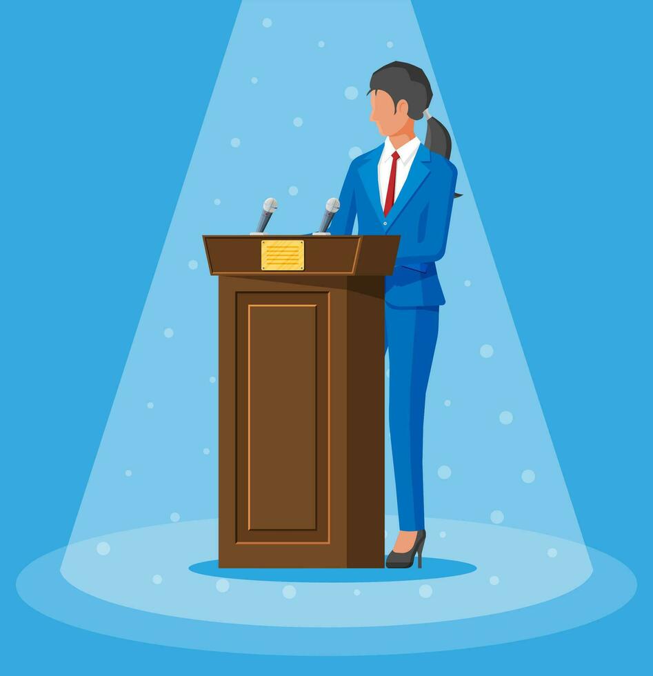 redenaar sprekend van tribune. openbaar spreker. houten rostrum met microfoons voor presentatie. stellage, podium voor conferenties, lezingen debatten. politiek en stemming. vlak vector illustratie