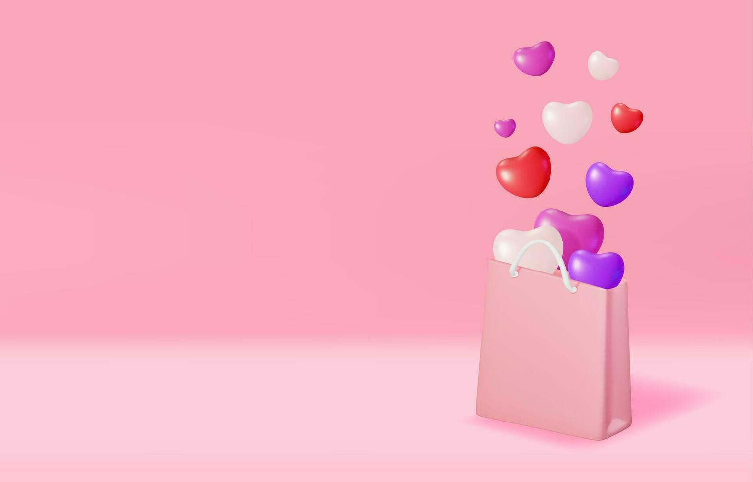 3d roze boodschappen doen zak met ballon harten. geven geschenk handtas met omgaan met en harten. Valentijn dag, verjaardag kaart, Product Scherm presentatie advertentie. realistisch vector illustratie