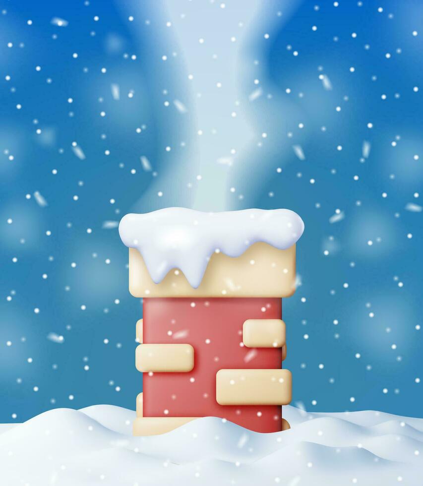 3d Kerstmis steen schoorsteen pijp Aan sneeuw dak. geven pijp huis een deel in winter landschap. tekenfilm dak schoorsteen verwarming methode bouw. nieuw jaar en Kerstmis decoratie. realistisch vector illustratie