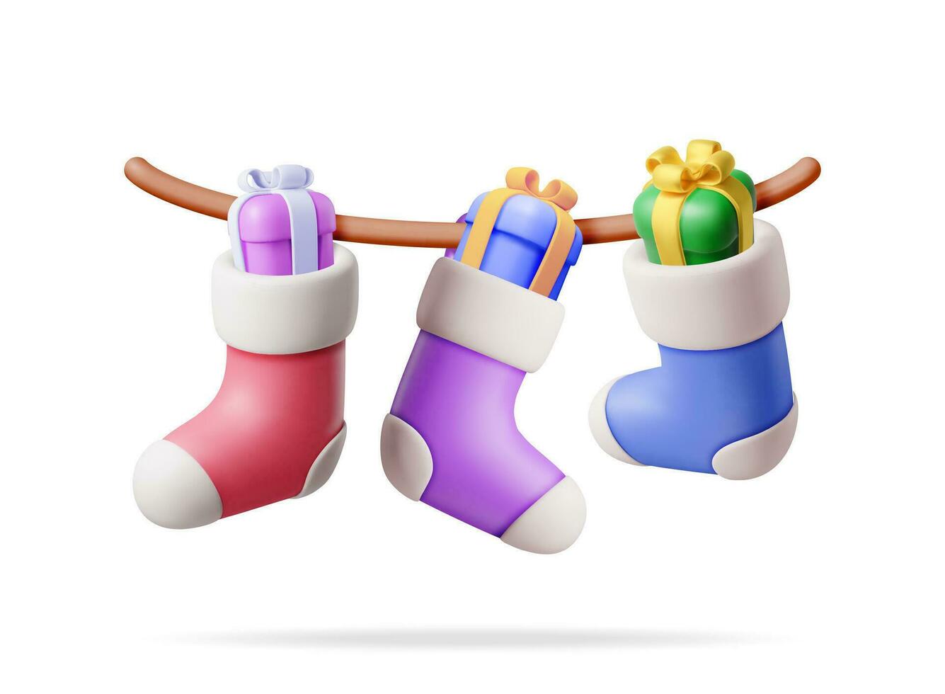 3d Kerstmis kous Aan touw vol van geschenken, kleur sok geïsoleerd. geven Kerstmis kleding sokken. hangende vakantie decoraties voor geschenken. nieuw jaar en Kerstmis viering. realistisch vector illustratie