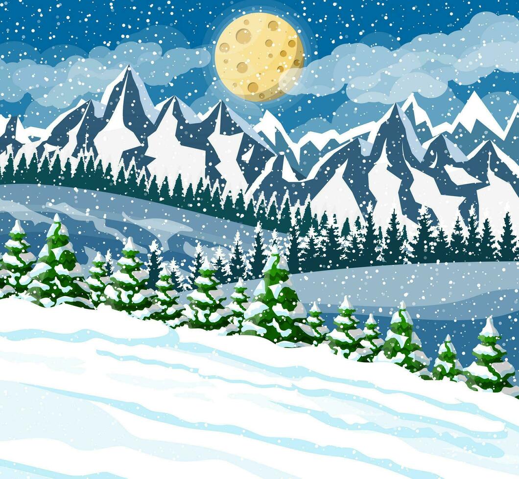 winter Kerstmis achtergrond. pijnboom boom hout en sneeuw. winter landschap met Spar bomen Woud, berg en sneeuwen. gelukkig nieuw jaar viering. nieuw jaar Kerstmis vakantie. vector illustratie vlak stijl