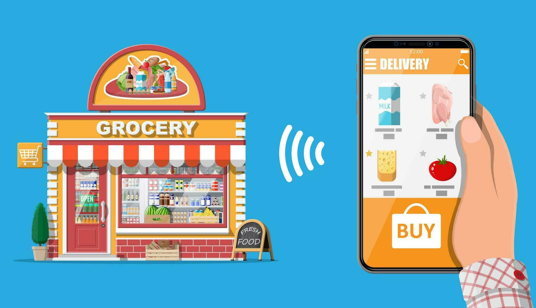 hand- Holding smartphone met boodschappen doen app. kruidenier op te slaan levering. internet bestellen. online supermarkt. winkel gebouw met voedsel en drankjes. melk, groenten, vlees, kaas. vlak vector illustratie