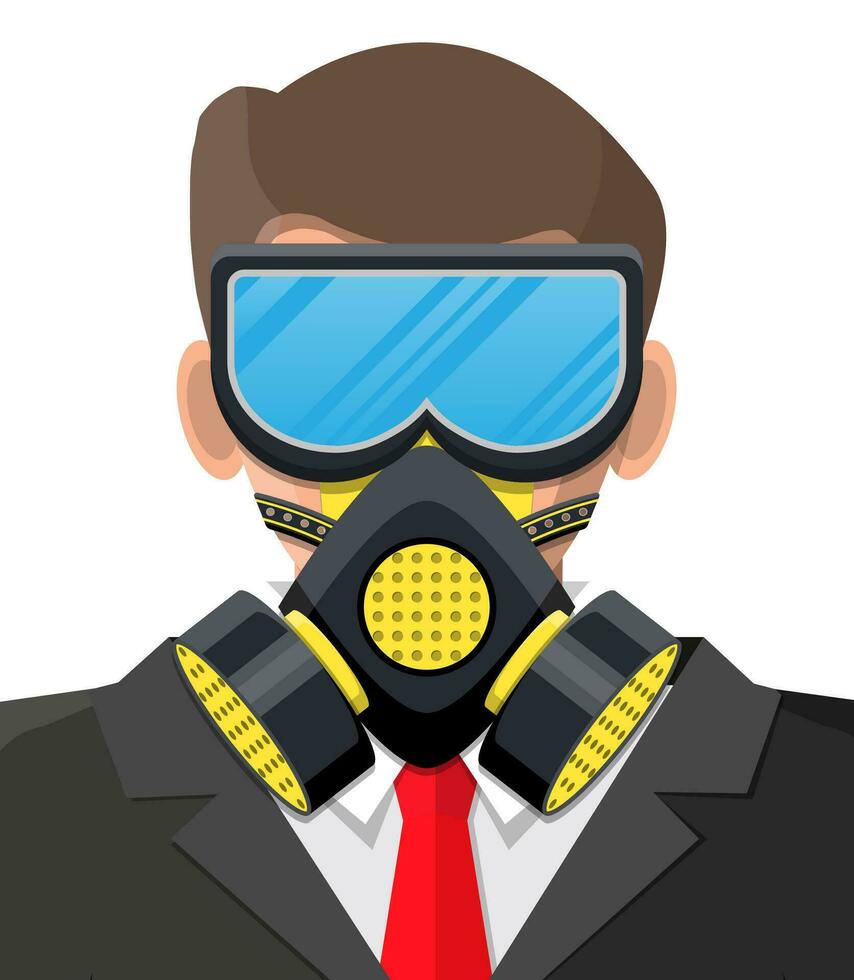 veiligheid masker Aan persoon gezicht. beschermend beademingsapparaat. het voorkomen van virus, allergie, lucht vervuiling. bescherming tegen griep, ziekte, influenza, coronavirus, covid19, covid. vlak vector illustratie