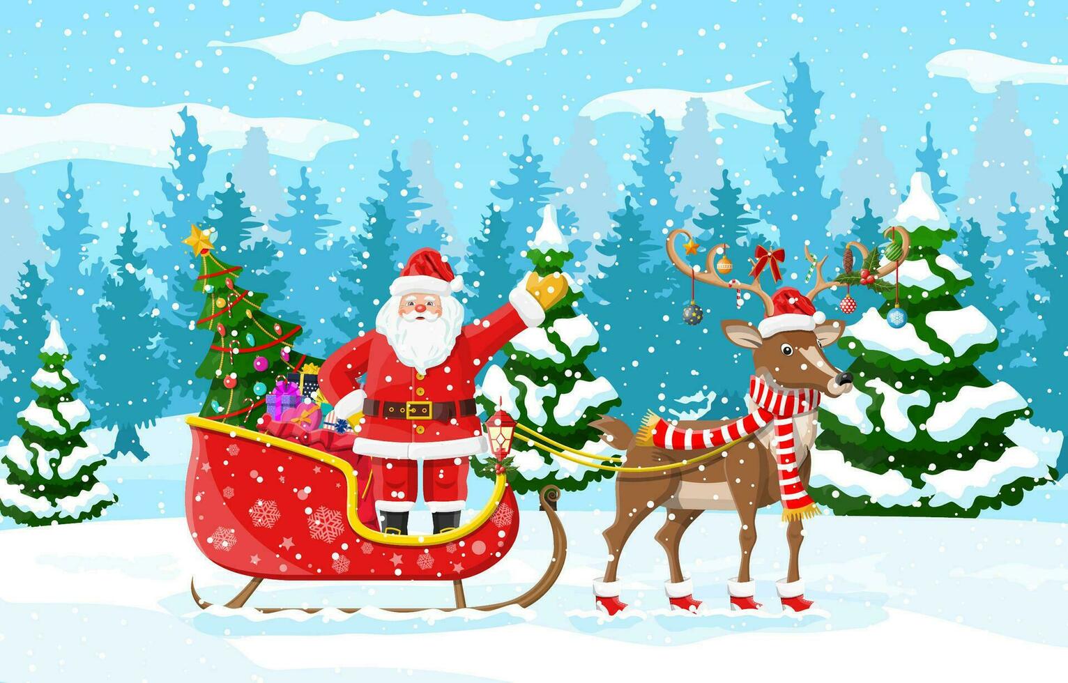 Kerstmis achtergrond. de kerstman claus ritten rendier slee. winter landschap met Spar bomen Woud en sneeuwen. gelukkig nieuw jaar viering. nieuw jaar Kerstmis vakantie. vector illustratie vlak stijl