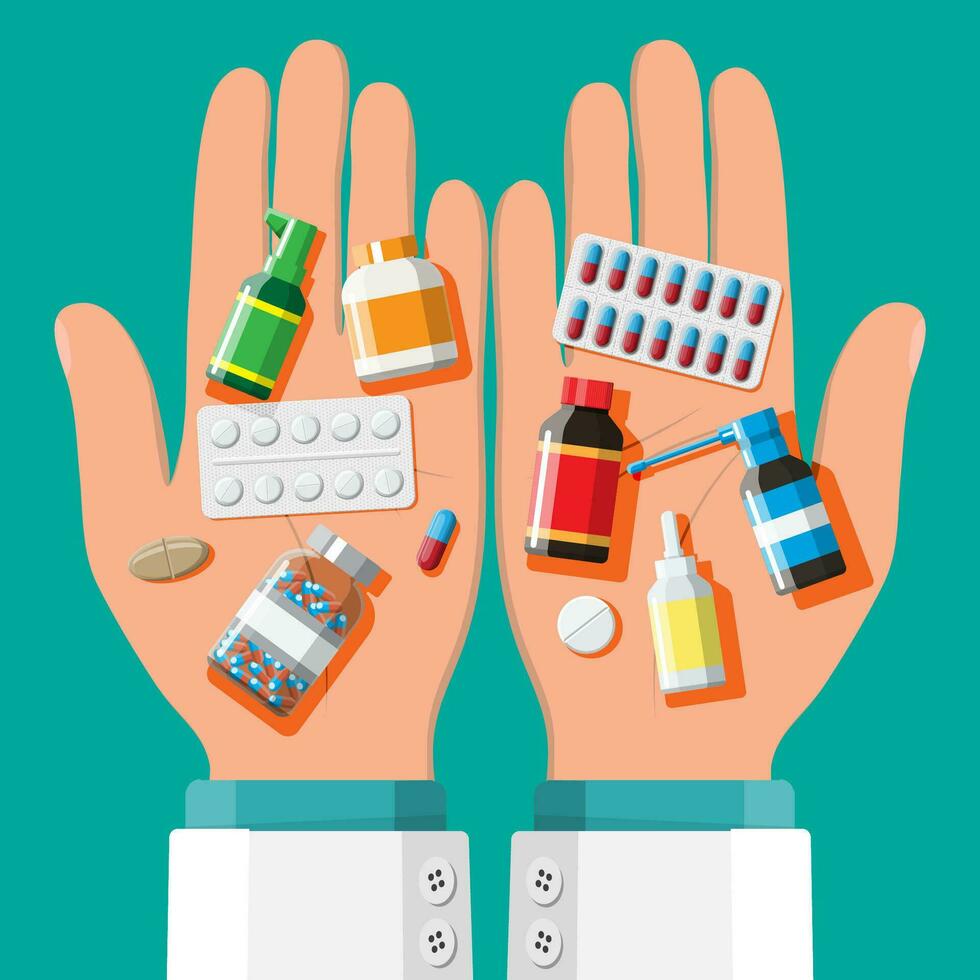 geneeskunde verzameling in handen. reeks van flessen, tabletten, pillen, capsules en sprays voor ziekte en pijn behandeling. medisch medicijn, vitamine, antibiotica. gezondheidszorg en apotheek. vlak vector illustratie