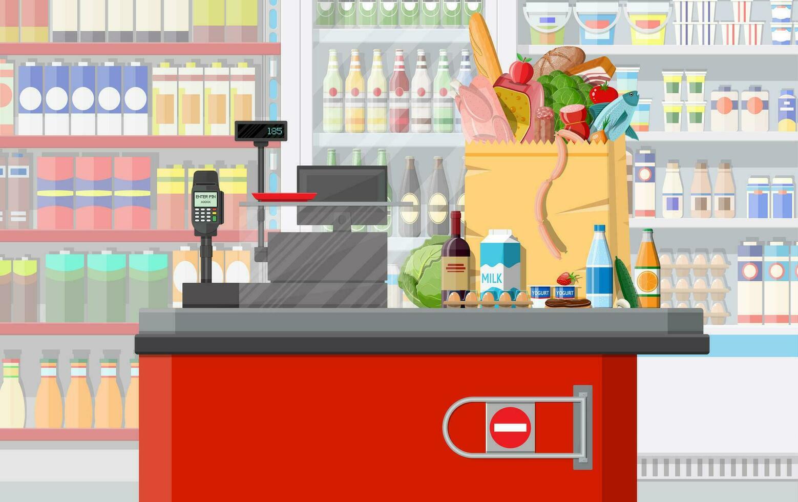 supermarkt op te slaan interieur met goederen. groot boodschappen doen winkelcentrum. interieur op te slaan binnen. uitchecken balie, contant geld machine, boodschap, drankjes, voedsel, fruit, zuivel producten. vector illustratie in vlak stijl