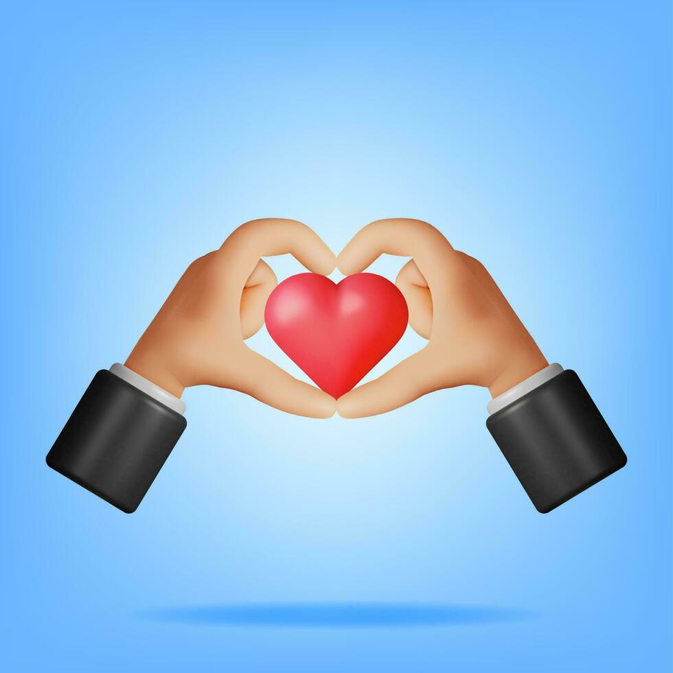 3d hart en liefde hand- gebaar symbool geïsoleerd. geven gestileerde tekenfilm handen Holding hart teken. sociaal media terugkoppeling realistisch icoon. vector illustratie