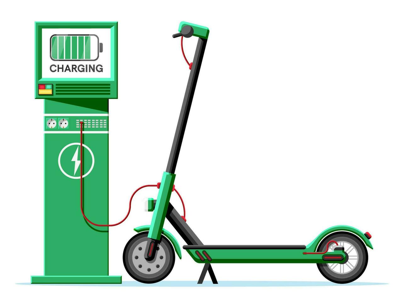 elektrisch scooter en opladen station geïsoleerd. groen modern scooter laadt op batterijen. in rekening brengen station met scherm. eco stad vervoer concept. tekenfilm vlak vector illustratie.