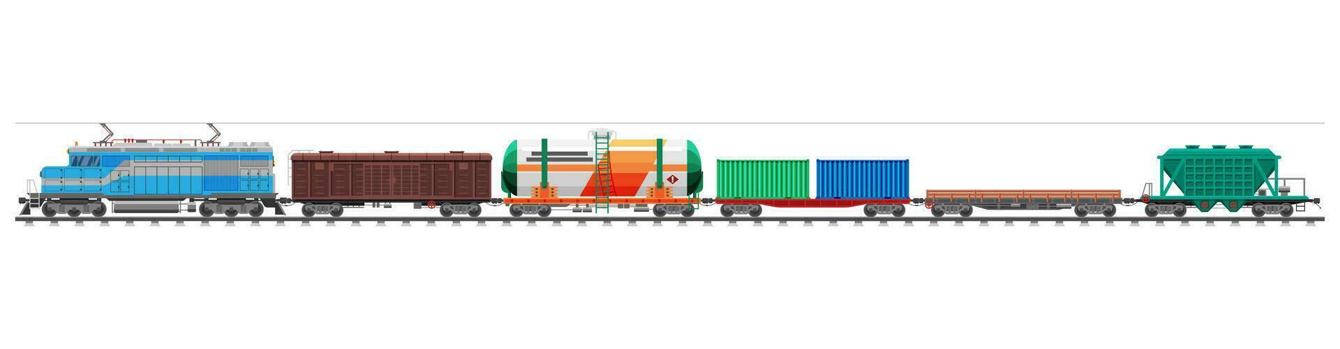 reeks van trein lading wagens, reservoirs, tanks en auto's. spoorweg vracht verzameling. platte wagen, gesloten goederenwagen, auto koets. industrieel rijtuigen, kant visie. lading het spoor vervoer. vlak vector illustratie