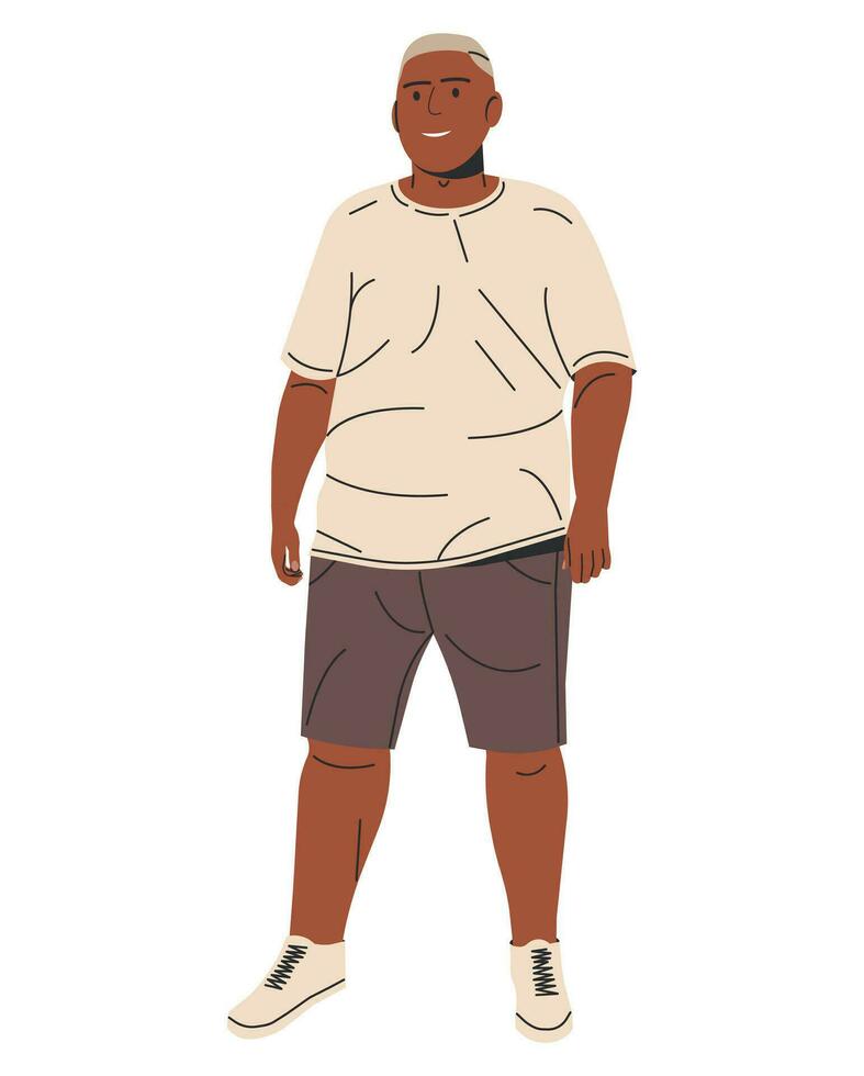 gelukkig glimlachen Afrikaanse Amerikaans Mens met overgewicht. zwart huid lichaam positief jongen. mannetje karakter plus grootte model. mollig Mens karakter. modieus groot jongen in t-shirt en korte broek. vlak vector illustratie