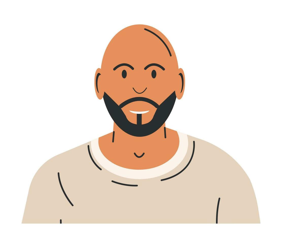 kaal jong Mens met baard in t-shirt. elegant kaal gebaard mannetje karakter in gewoontjes kleren. modieus modern Mens staand houding. glimlachen jongen. tekenfilm vlak vector illustratie